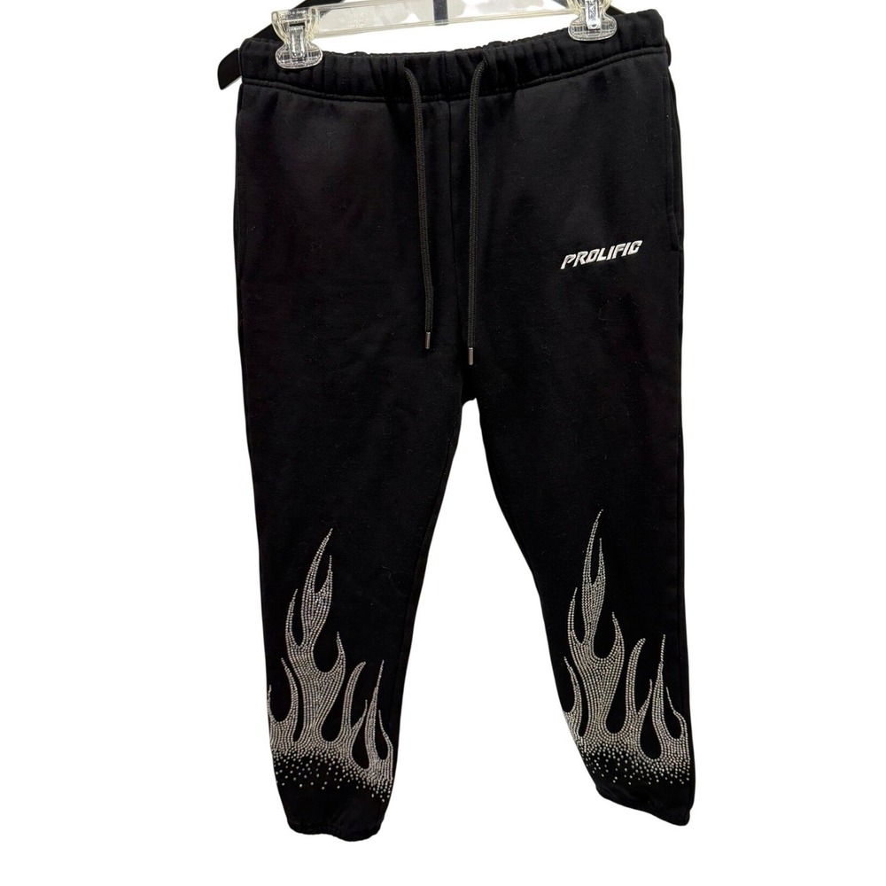 Prolific Black Rhinestone Flame Joggers Sweatpants Small Streetwear Y2K Biker